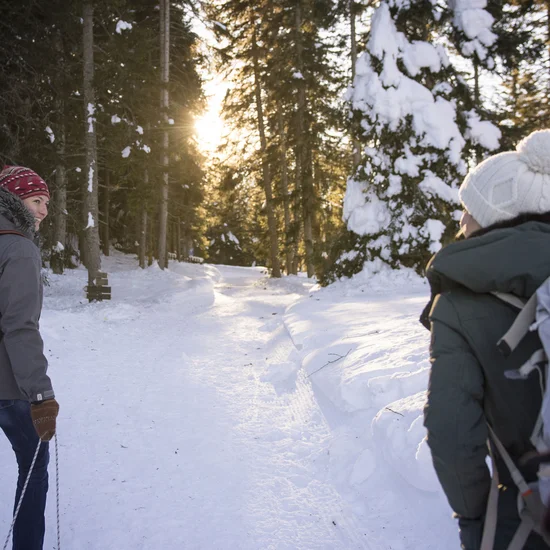 Entschleunigen und genießen in diesem Hotel nahe Bruneck Drei Personen wandern im Schnee durch einen sonnigen Wald